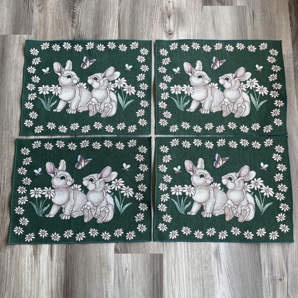 Vintage Set of 4 Woven‎ Easter Placemats Bunnies Flowers Bee Butterfly Spring